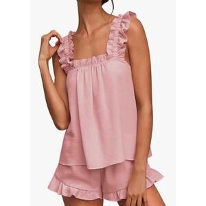 Pink Summer Pajama Set Ruffle Trim Cami drawstring shorts Small